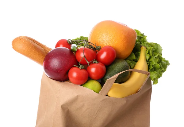 Paper Bag Vegetables Fruits White Background — Stock Photo, Image
