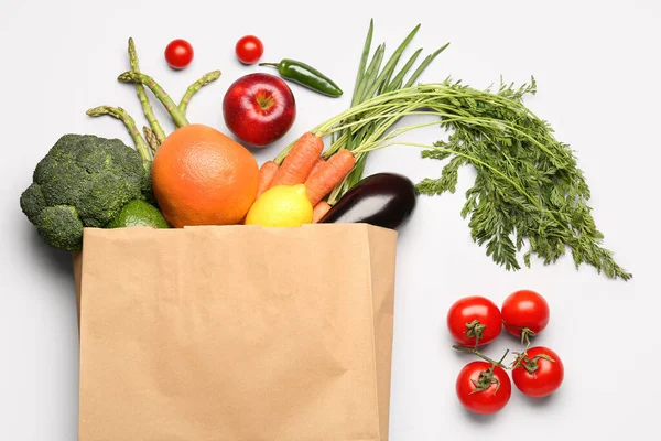 Paper Bag Vegetables Fruits Grey Background — Stock Photo, Image