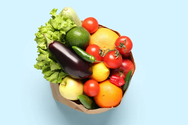 Paper Bag Vegetables Fruits Light Blue Background — Stock Photo, Image