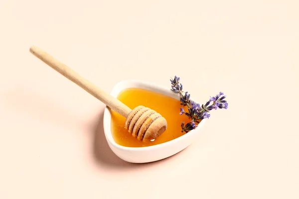 Bowl Sweet Lavender Honey Dipper Flowers Light Background — Fotografia de Stock
