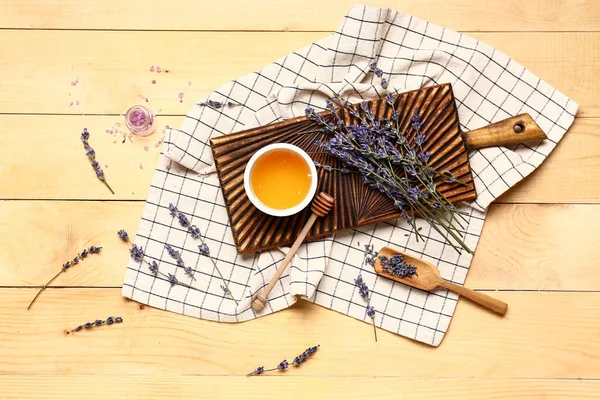Board Bowl Sweet Lavender Honey Dipper Flowers Wooden Background — Stock Photo, Image