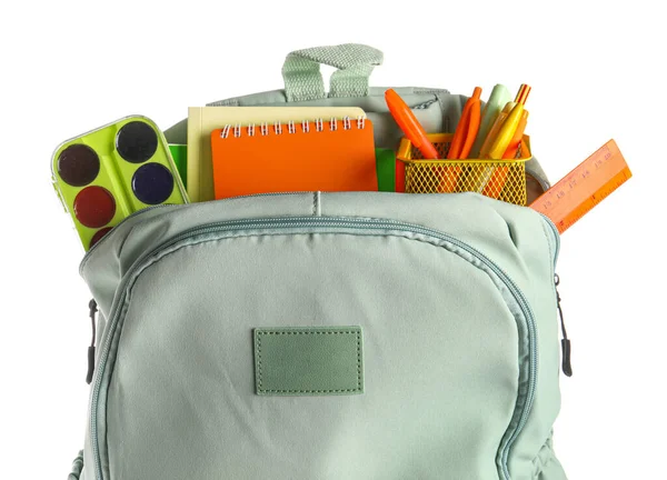 Plecak Green School Różną Papeterią Białym Tle — Zdjęcie stockowe