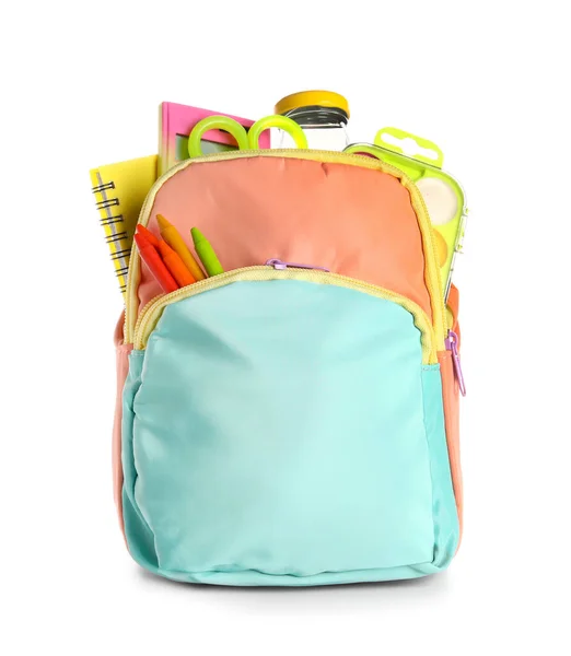 Colorful School Backpack Bottle Water Different Stationery White Background — Stock Photo, Image