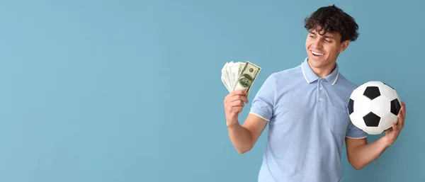 Happy Young Man Soccer Ball Money Blue Background Space Text — Stock Photo, Image