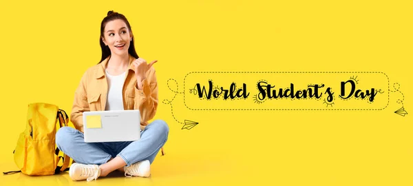 Üdvözlőlap World Students Day Női Gazdaság Laptop — Stock Fotó