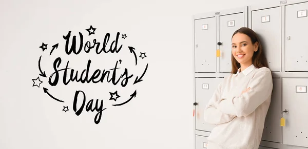 Wenskaart Voor Wereld Studenten Dag Met Vrouw Buurt Locker — Stockfoto