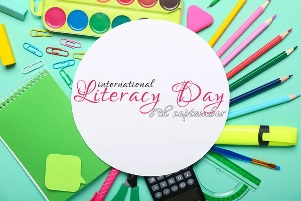 Banner Para Dia Internacional Alfabetização Com Papelaria Escolar — Fotografia de Stock