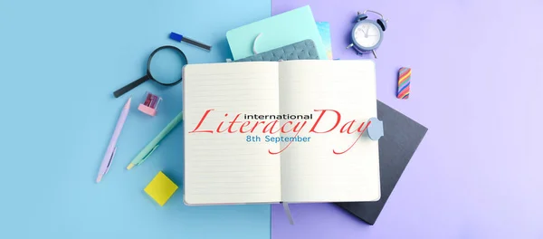 Banner Voor International Literacy Day Met Schrift Schoolbriefpapier — Stockfoto