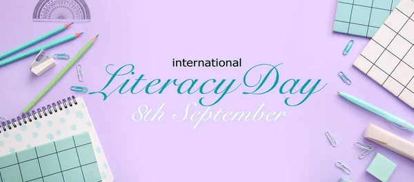 Banner Para Dia Internacional Alfabetização Com Papelaria Escolar — Fotografia de Stock