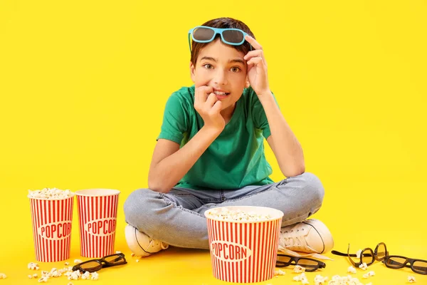 Little Boy Glasses Popcorn Biting Nails Yellow Background — Stock Photo, Image