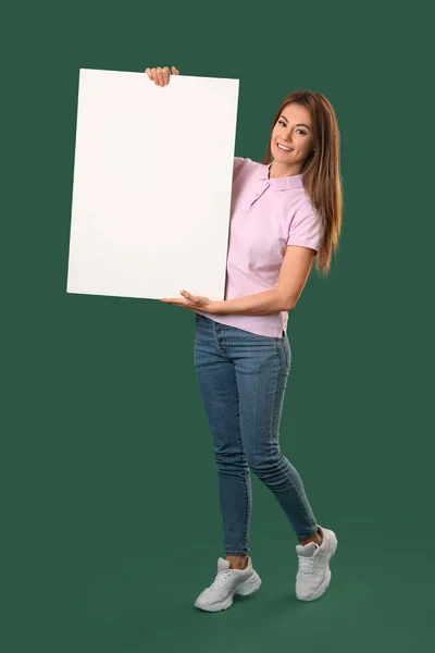 Beautiful Woman Big Blank Poster Green Background — Stock Photo, Image