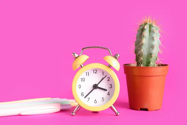 Wekker Klok Pennen Cactus Roze Achtergrond — Stockfoto