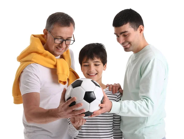 Boldog Kisfiú Apjával Nagyapjával Focilabdát Tart Fehér Háttéren — Stock Fotó