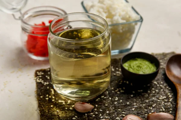 Bottle Rice Vinegar Ingredients Preparing Sushi Rolls Light Table Closeup — Stock Photo, Image