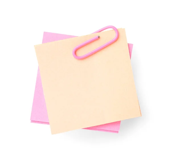 Roze Beige Plakkerige Notities Met Paperclip Witte Achtergrond — Stockfoto