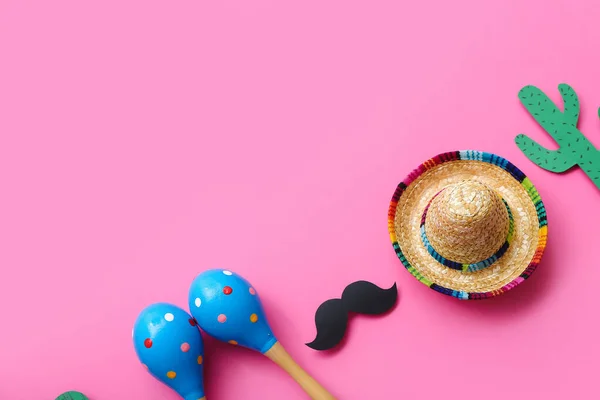 Mexican Maracas Sombrero Hat Paper Mustache Cactus Pink Background — Stock Photo, Image