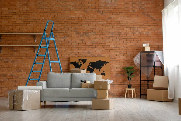 Sofa Cardboard Boxes Ladder Living Room Moving Day — Stock Photo, Image