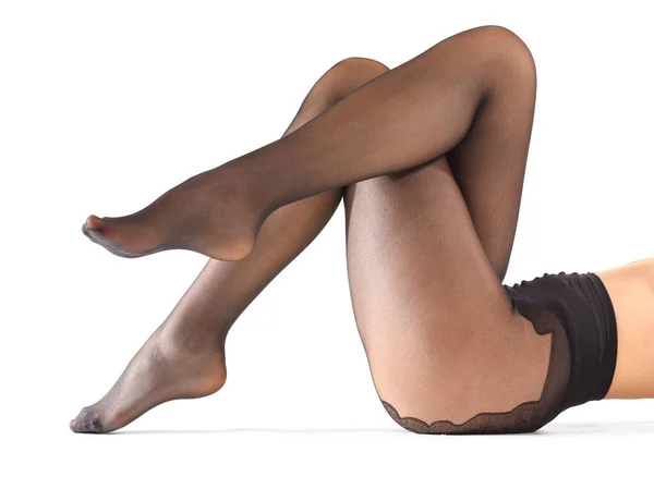 Beyaz Arka Planda Siyah Taytlı Güzel Kadın Bacakları — Stok fotoğraf