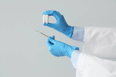 Gri arka planda diş pulu ve diş modeli olan kadın doktor elleri.