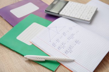 Hesap defterini formüller, hesap makinesi ve kalemle ahşap masa üzerinde aç