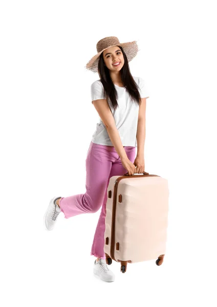 Junge Frau Mit Beigem Koffer Auf Weißem Hintergrund — Stockfoto