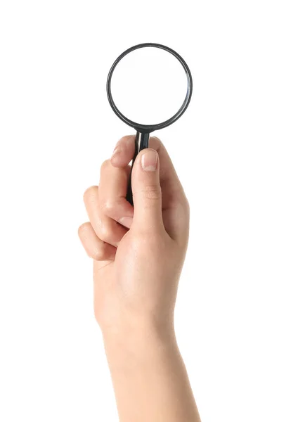 Vrouwelijke Hand Met Mini Vergrootglas Geïsoleerd Witte Achtergrond — Stockfoto