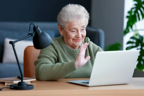 Senior Woman Laptop Video Chatting Office — Stock Photo, Image