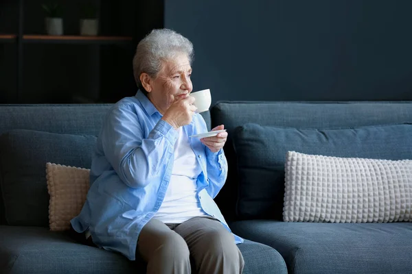 Senior Woman Drinking Coffee Home — Stock Photo, Image