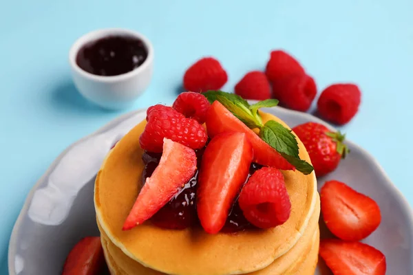 Plate Sweet Pancakes Berries Jam Blue Background Closeup — Stock Photo, Image