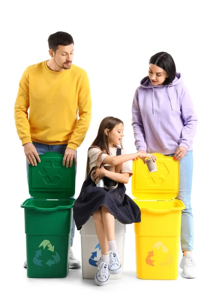 Family Sorting Garbage Recycle Bins White Background — Stock Photo, Image