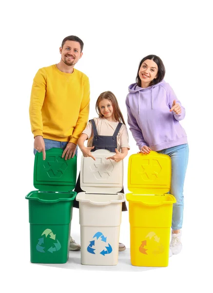 Family Pointing Recycle Bins White Background — Stock Photo, Image