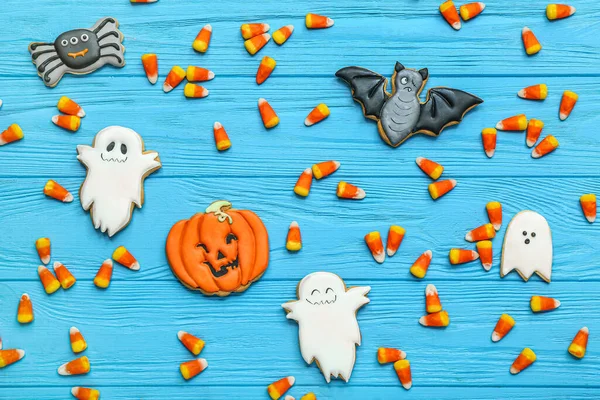 Ízletes Halloween Cukorka Kukorica Cookie Színes Háttér — Stock Fotó