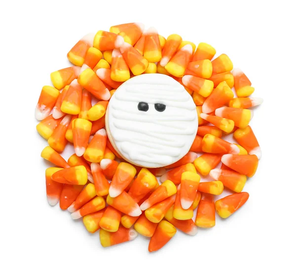 Tasty Halloween Candy Corns Cookie White Background — Stock Photo, Image