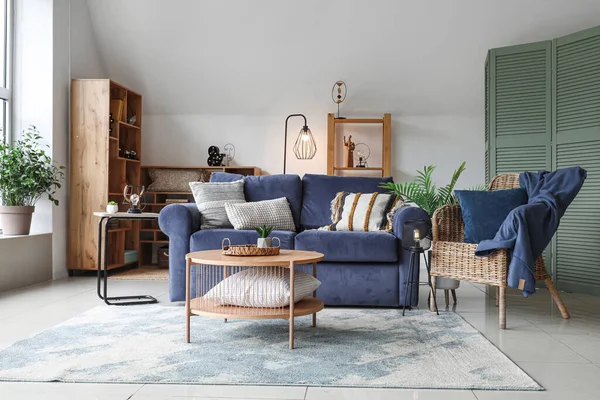 Interior Stylish Living Room Glowing Lamps Sofa Armchair — Stock Photo, Image