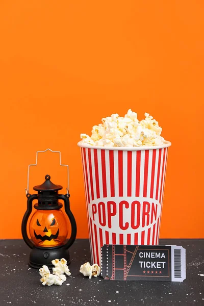 Bucket Tasty Popcorn Lantern Cinema Ticket Color Background Halloween Celebration — Stock Photo, Image