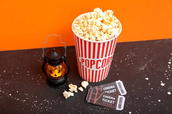 Bucket Tasty Popcorn Lantern Cinema Tickets Color Background Halloween Celebration — Stock Photo, Image