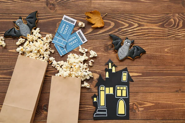 Composition Tasty Popcorn Cookies Cinema Tickets Wooden Background Halloween Celebration — Stock Photo, Image