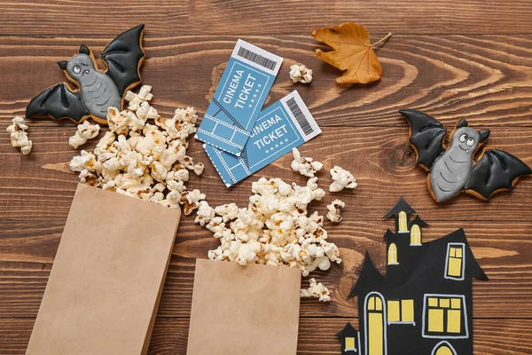 Composition Tasty Popcorn Cookies Cinema Tickets Wooden Background Halloween Celebration — Stock Photo, Image