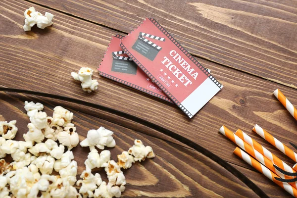 Tasty Popcorn Film Reel Cinema Tickets Wooden Background Closeup Halloween — Stock Photo, Image