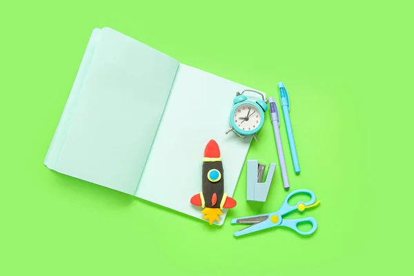 Blank Notebook Rocket Made Plasticine Different Stationery Green Background — Stock Photo, Image