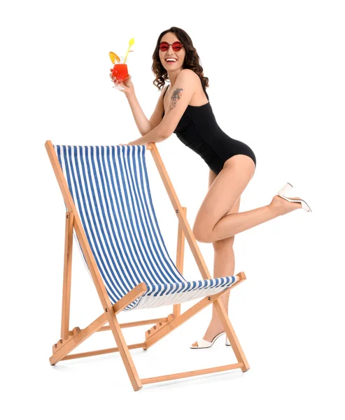 Young Woman Cocktail Deck Chair White Background — Stock Photo, Image