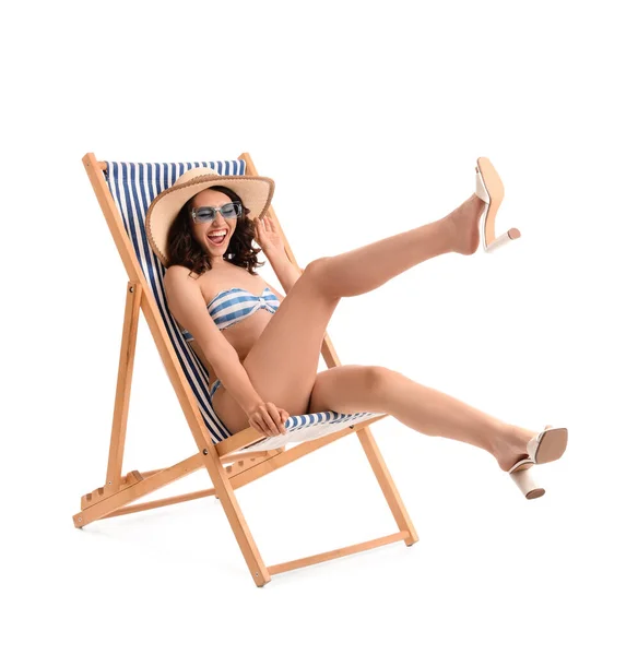 Young Woman Deck Chair White Background — Stock Photo, Image