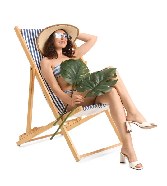Young Woman Palm Leaves Deck Chair White Background — Stock Photo, Image