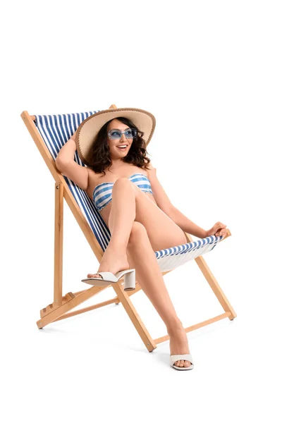Young Woman Deck Chair White Background — Stock Photo, Image