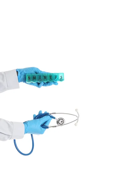 Female Doctor Hands Holding Stethoscope Pill Box White Background — Stock Photo, Image