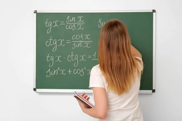 Female Math Teacher Writing Blackboard Classroom Back View — Stock Photo, Image