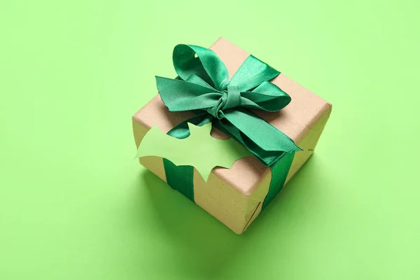 Beautiful Gift Box Bat Made Paper Halloween Green Background Closeup — Stock Photo, Image