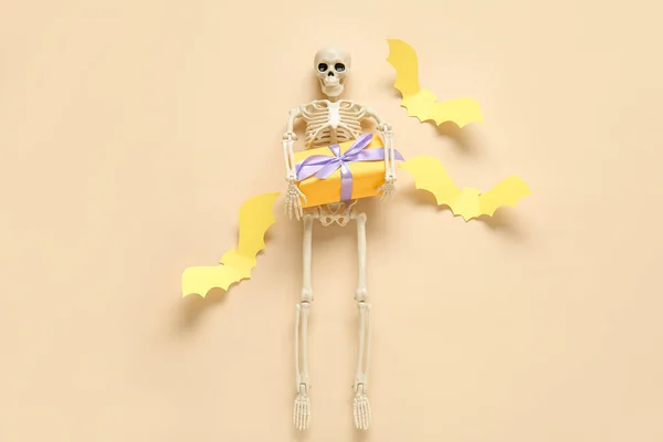 Composition Skeleton Beautiful Gift Box Bats Made Paper Halloween Beige — Stock Photo, Image