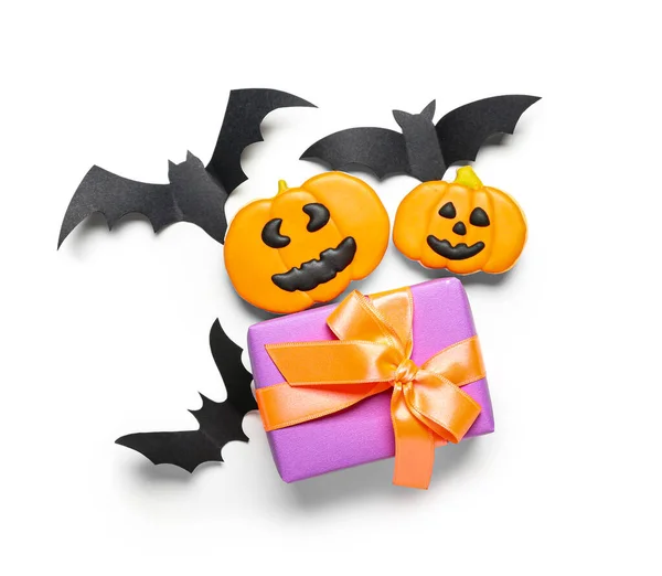 Composition Bats Tasty Cookies Gift Box Halloween White Background — Stock Photo, Image