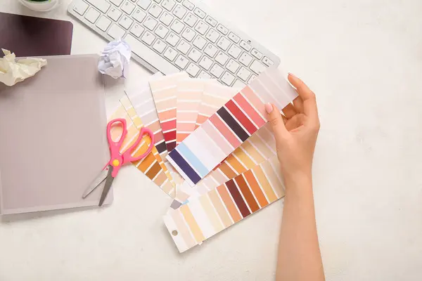 Female Hand Color Palettes Keyboard Notebooks Scissors Light Background — Stock Photo, Image